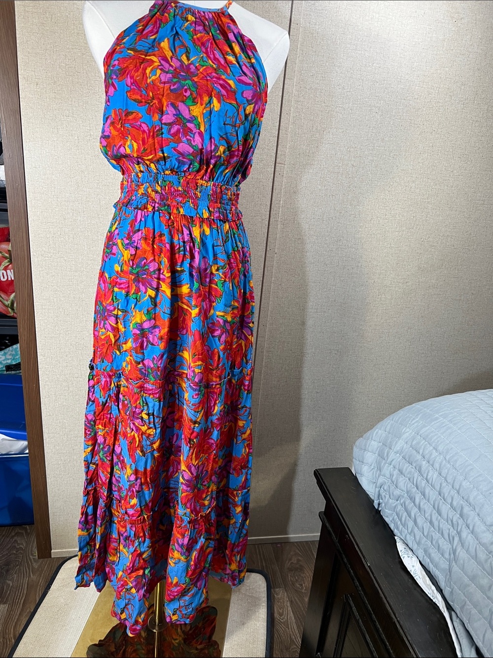 Lost + Wander Halter Floral Maxi Dress in Bright Blue & Pink